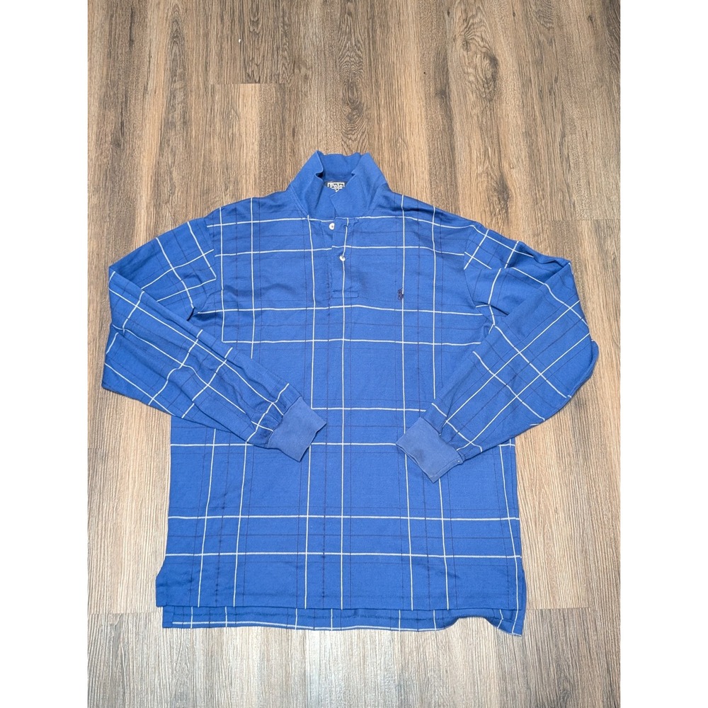 Polo Ralph Lauren Plaid Checkered Long Sleeve Shirt Button Up Cotton Blue Large